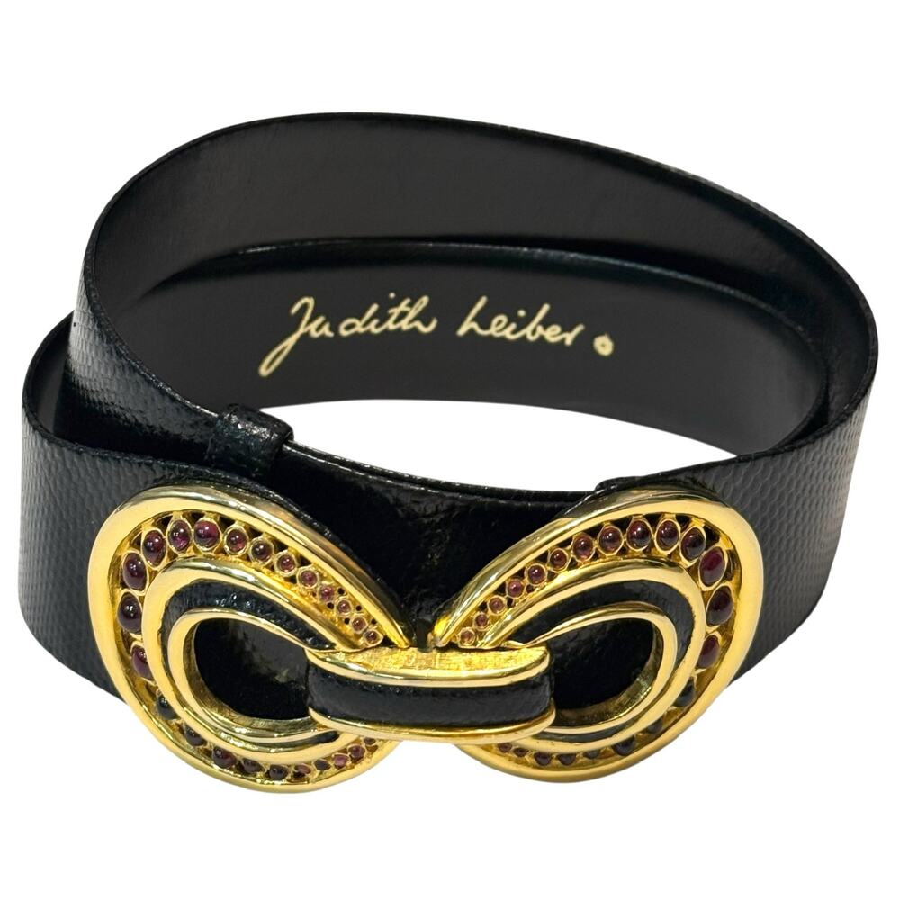 Judith Leiber Vintage Adjustable Belt w/ Interlocking Buckle - Black Leather